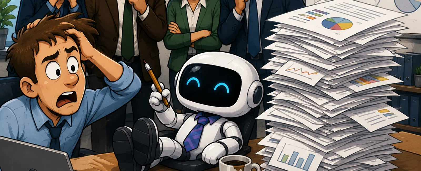 Frustrated office workers watch a relaxed robot handling massive paperwork and data charts in a busy workspace.