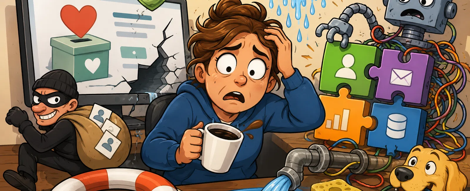 Stressed woman at desk with leaking faucet, angry cloud, chaotic robot, thief stealing data, and flying money from computer screen.