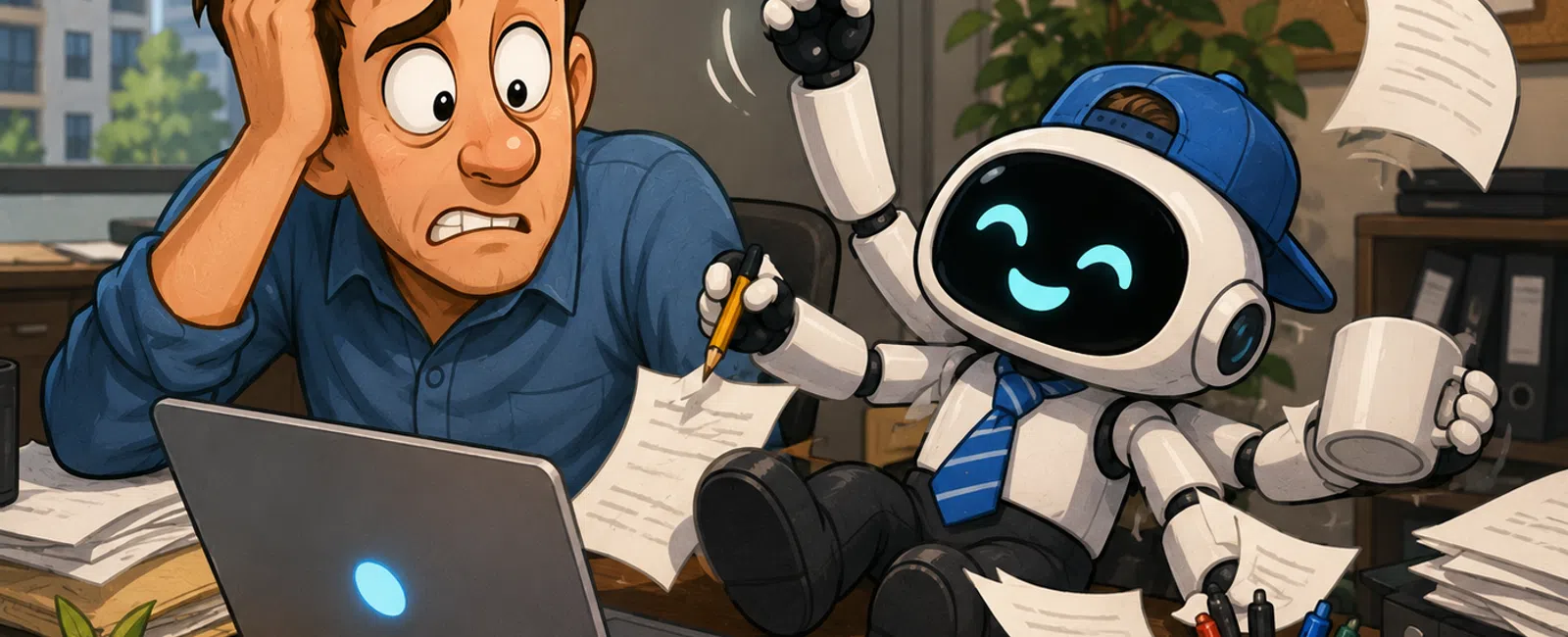 Frustrated man works at laptop while playful robot throws paper planes and holds coffee in messy office.