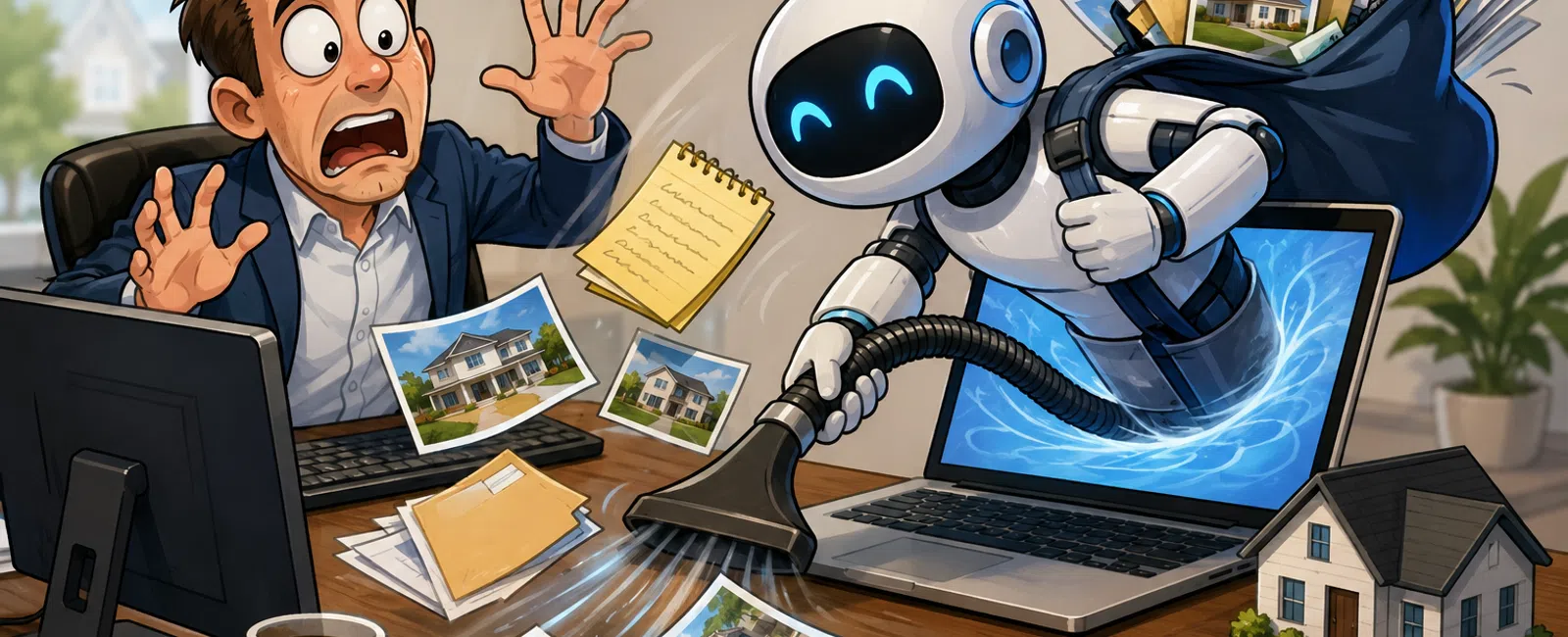 A robot vacuum emerging from laptop cleans up real estate photos as a shocked man watches in an office setting