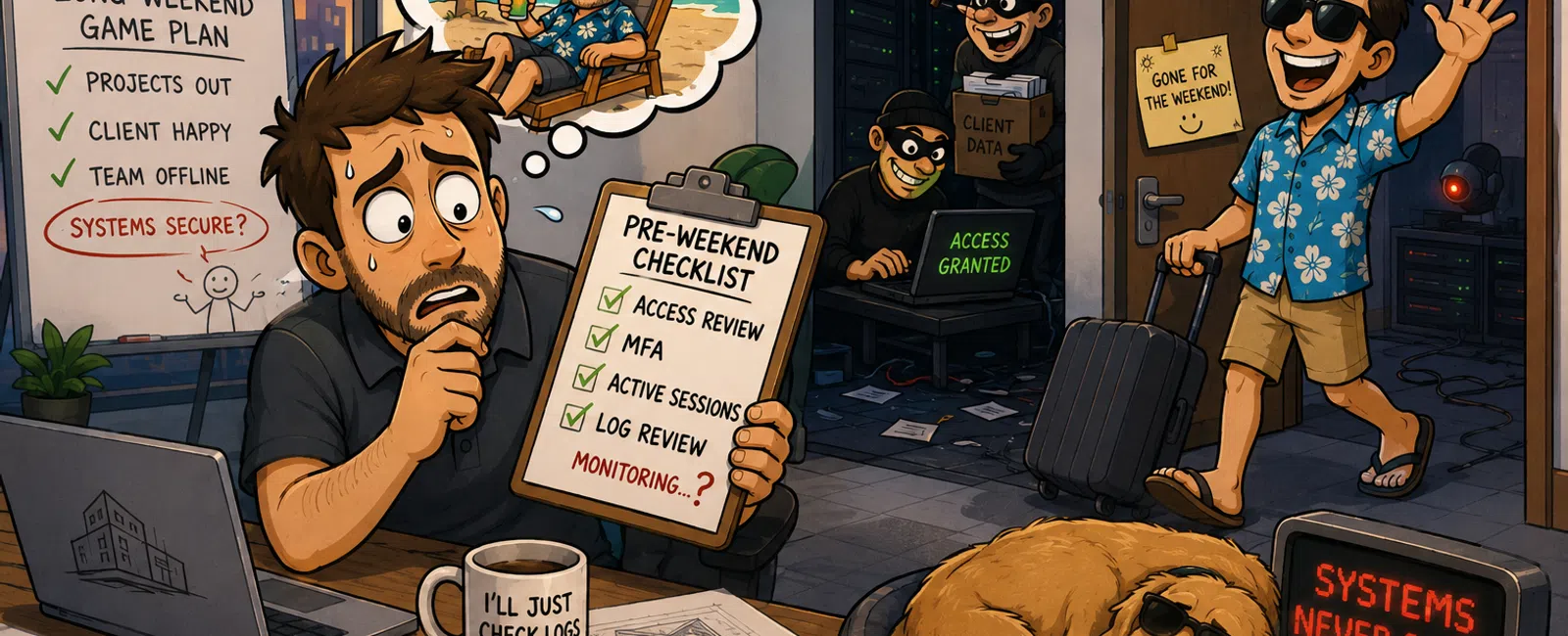 IT worker anxiously checks security before weekend as hacker breaches system and colleague enjoys vacation with dog.