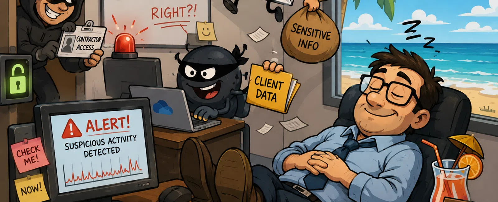 Cartoon of a man asleep at desk with out of office sign while hackers steal sensitive client data and trigger security alert.