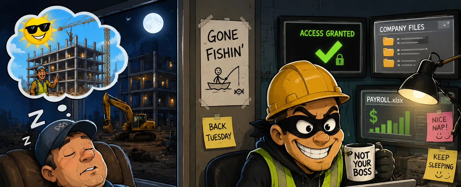 Sleeping construction worker unaware of a masked hacker stealing company bids and client data at night site office.