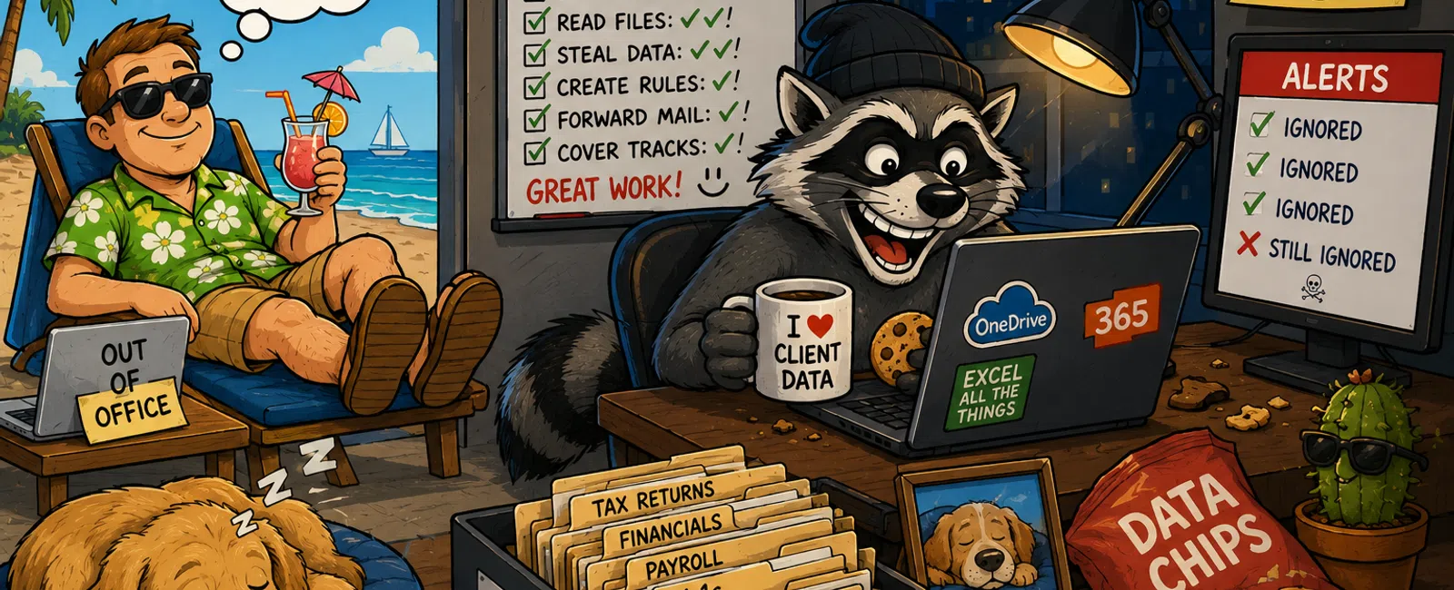 Raccoon working on client data at night while boss relaxes on long weekend beach holiday with dog sleeping.