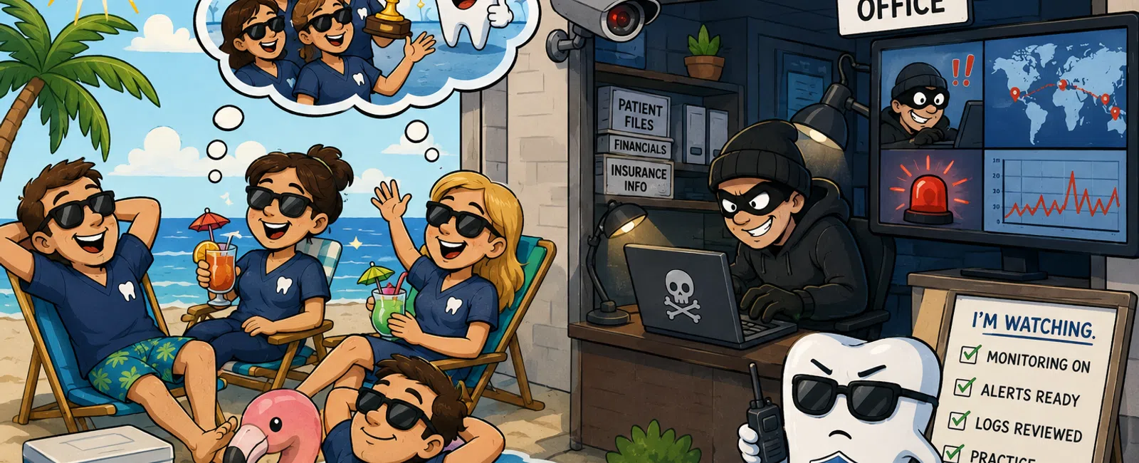 Dental team relaxes on a beach vacation while a tooth mascot protects their dental practice from a hacker's cyberattack.