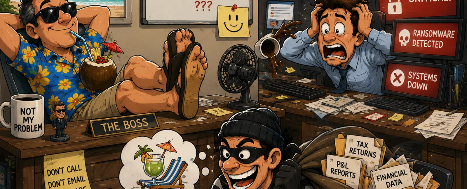 Cartoon of relaxed boss ignoring cybersecurity breaches while stressed employee faces ransomware and data theft alerts.