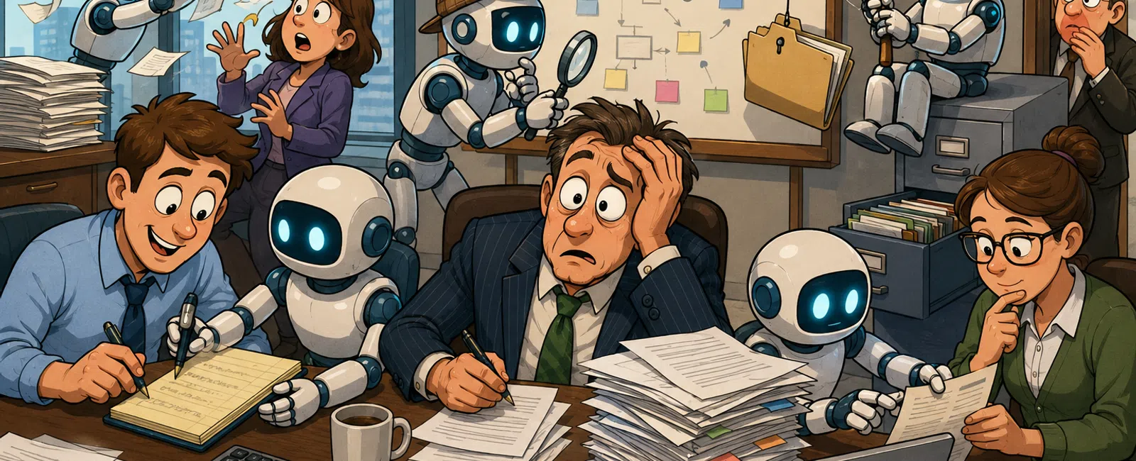 Robots assisting stressed office workers with paperwork, data analysis, and problem-solving in a busy workplace.