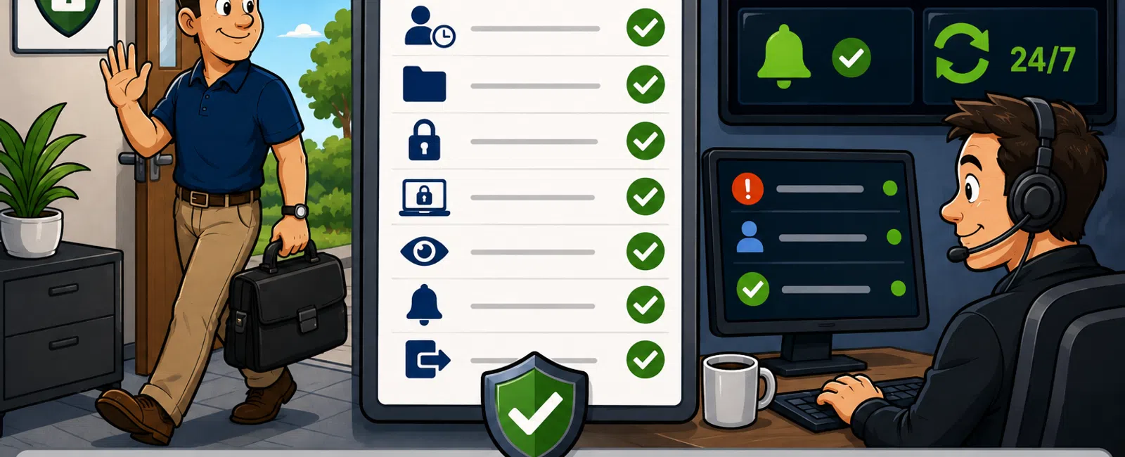 Man with briefcase leaving office next to a checklist of security tasks and a monitoring station with 24/7 alerts.