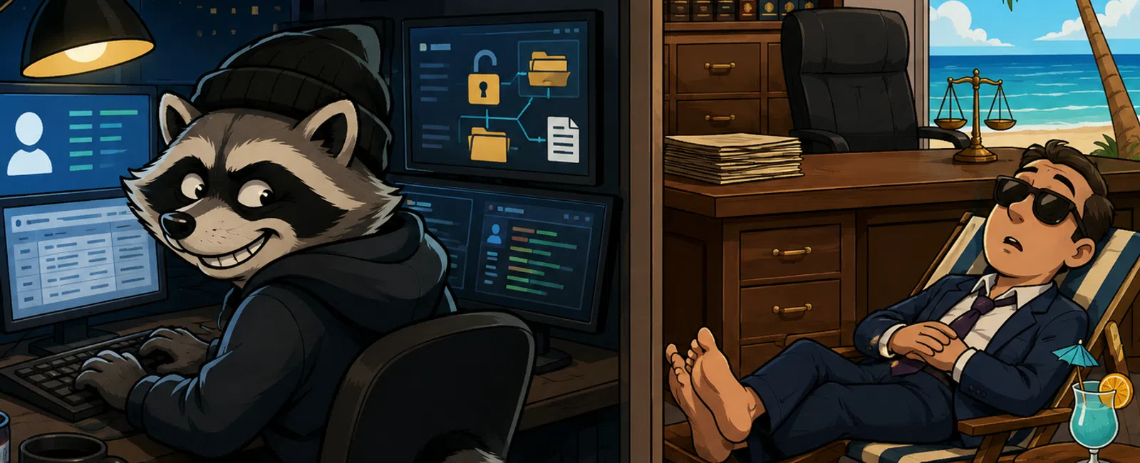 A raccoon hacker works at night while a relaxed man in sunglasses lounges in a sunlit office by the beach.
