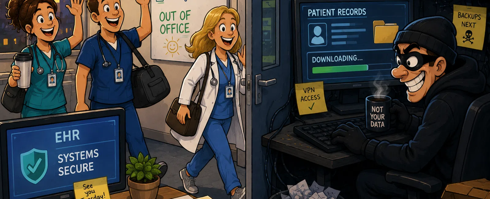 Healthcare workers happily leave office as a masked hacker steals patient records on computer during off hours.