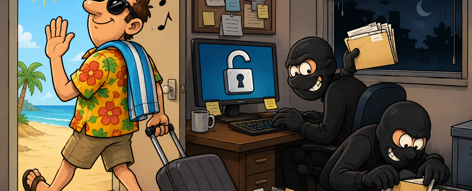Man in vacation attire leaves office for beach while hackers steal files during the night inside.