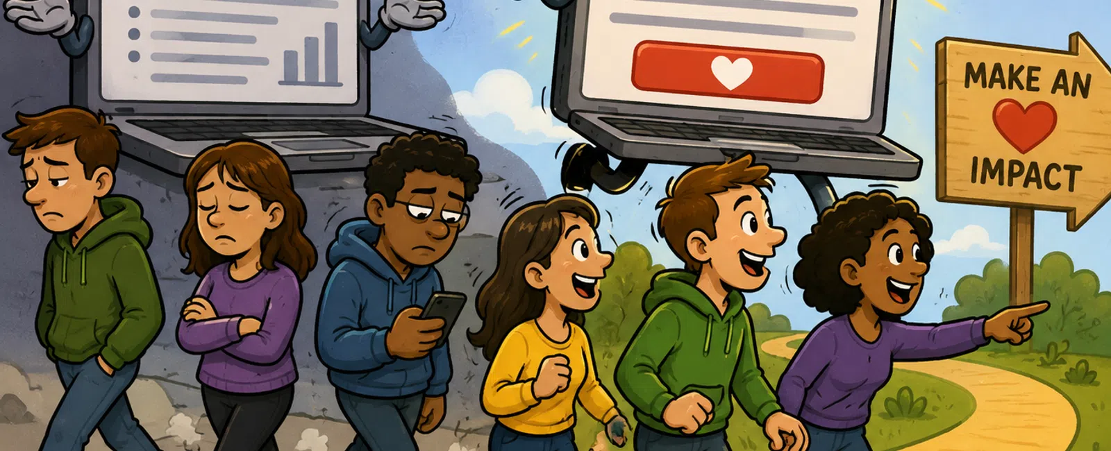 Illustration contrasting dull blog content with engaging blog inspiring diverse group of people to make an impact.