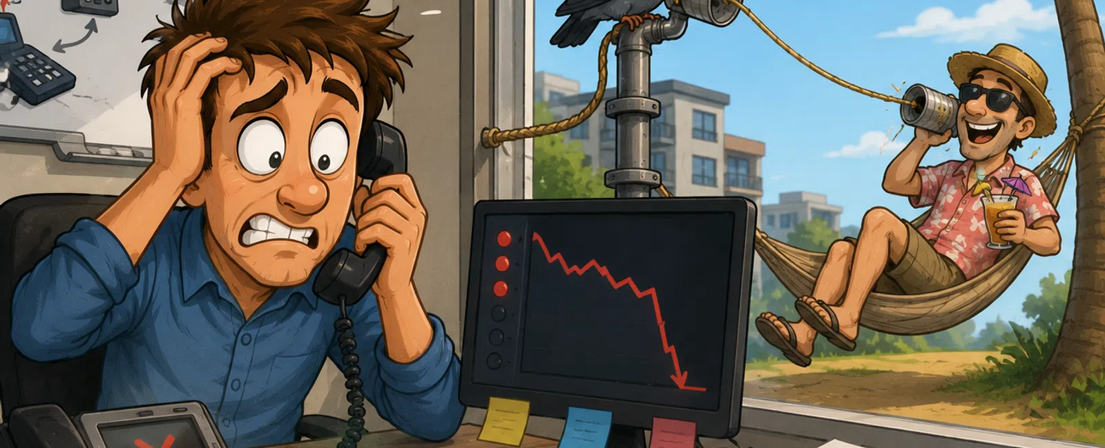 Stressed man on phone in office with falling graph, while relaxed man talks via tin can phone from a hammock.