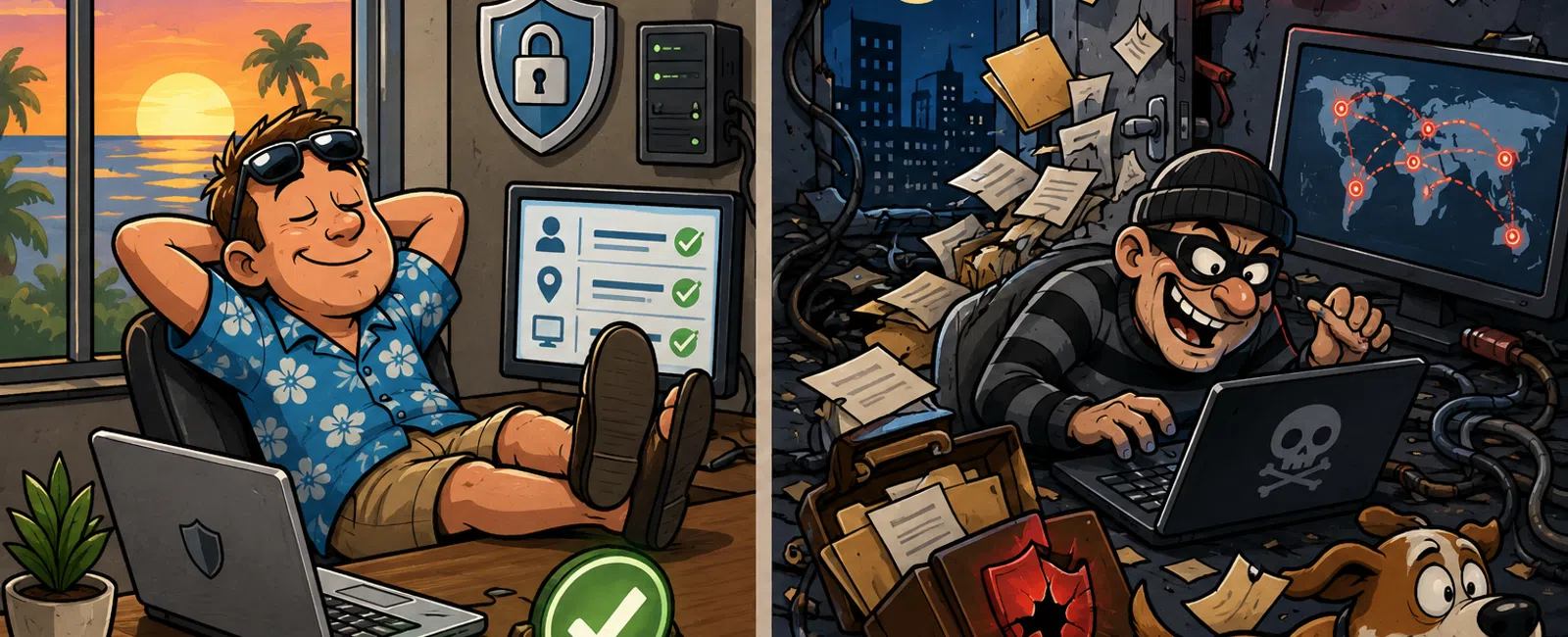 Split scene showing relaxed man with secure systems by day and hacker with virus at night, dog escaping danger.