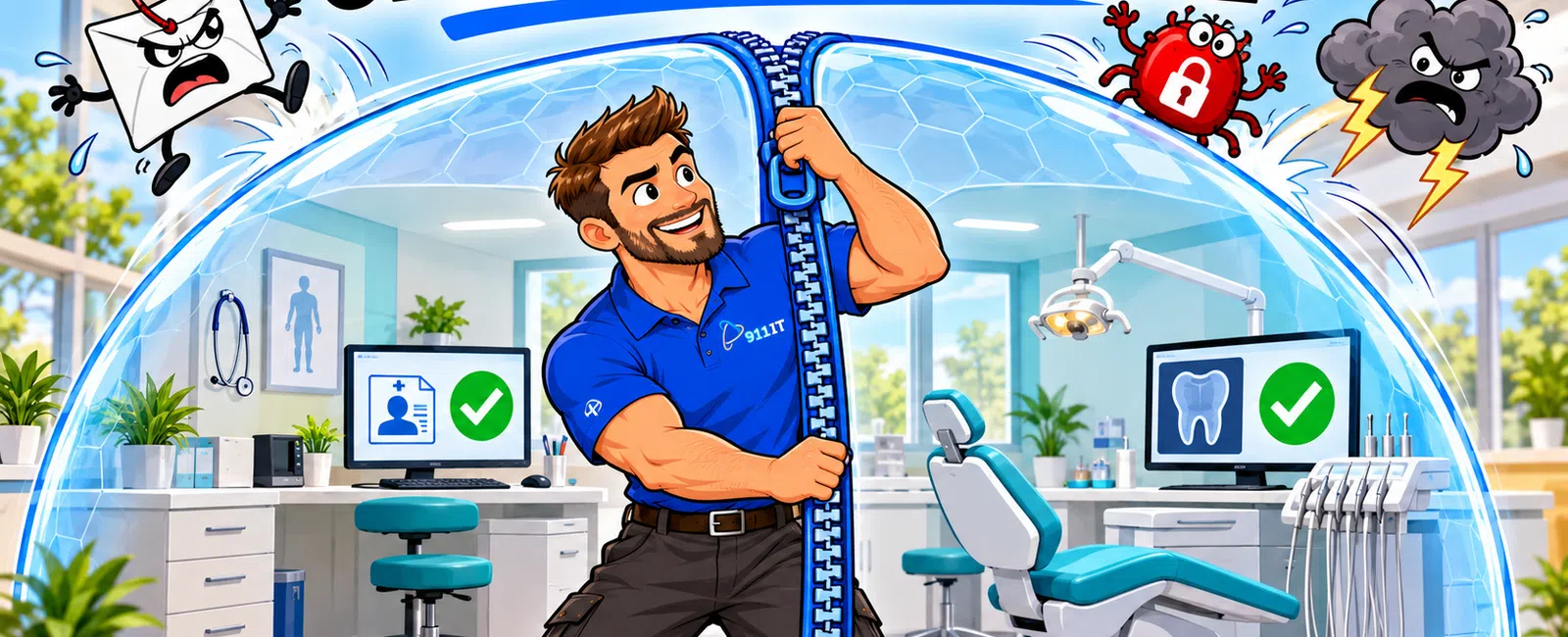 Man in blue shirt zips up transparent shield protecting a dental office from animated germs and smoke with overlaid text One Strong Defense.