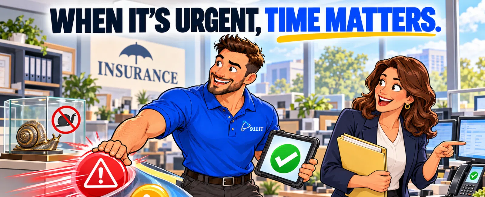 Office scene with a man pressing an urgent alert button and a woman smiling, emphasizing that time matters in insurance.