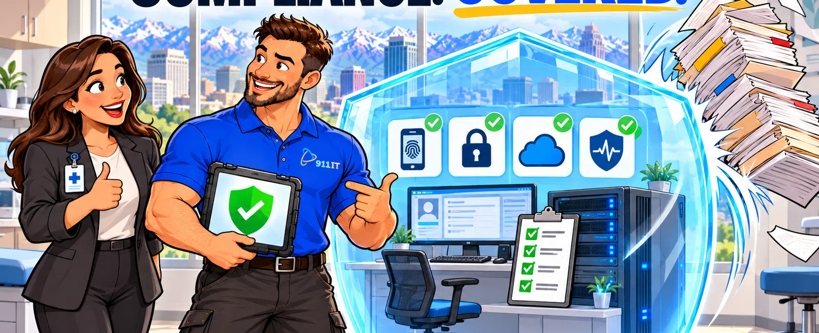 Two professionals secure a digital workspace with compliance icons and shield protecting documents from flying papers.