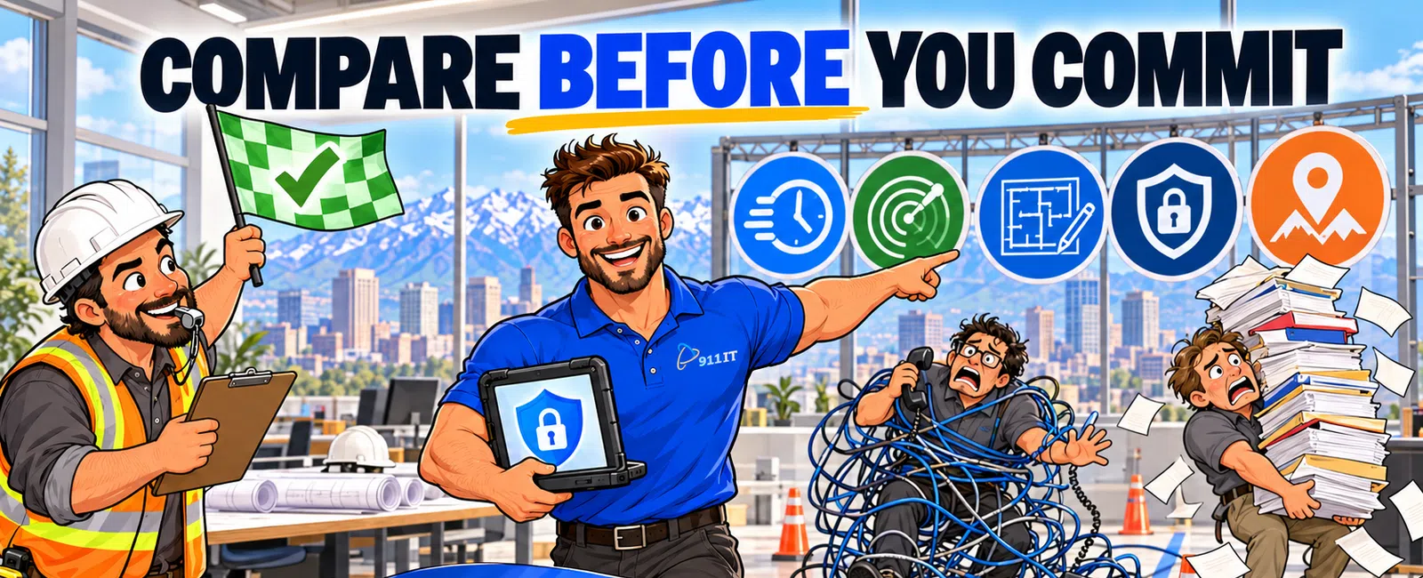 Illustration showing a confident man with a tablet leading past chaotic workers and a construction worker with a green flag under the text Compare Before You Commit.