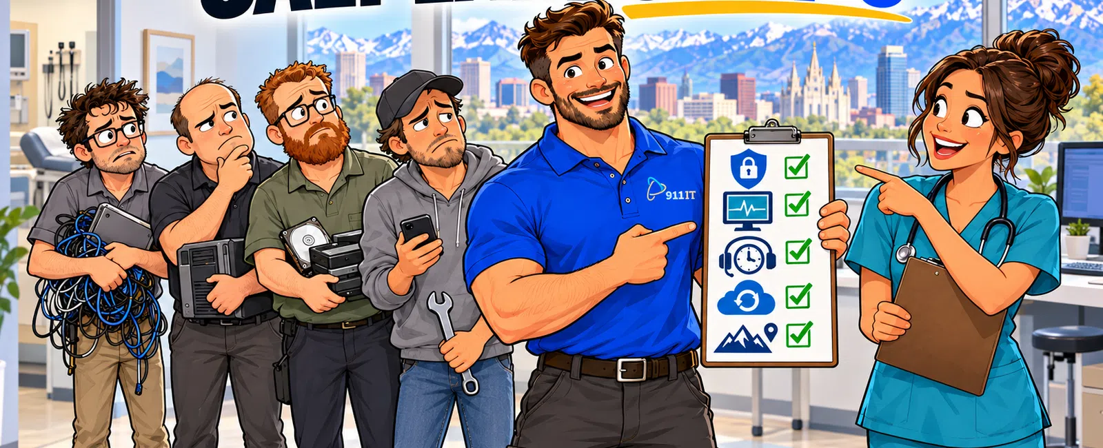 Tech workers and healthcare professional highlight Salt Lake City's top five services with checklist and city backdrop.