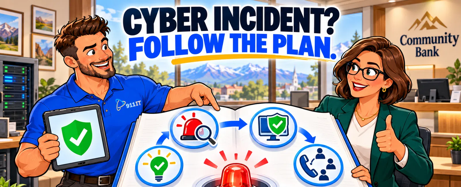 Man and woman at bank showing cyber incident response plan with icons and alert in open book on desk.