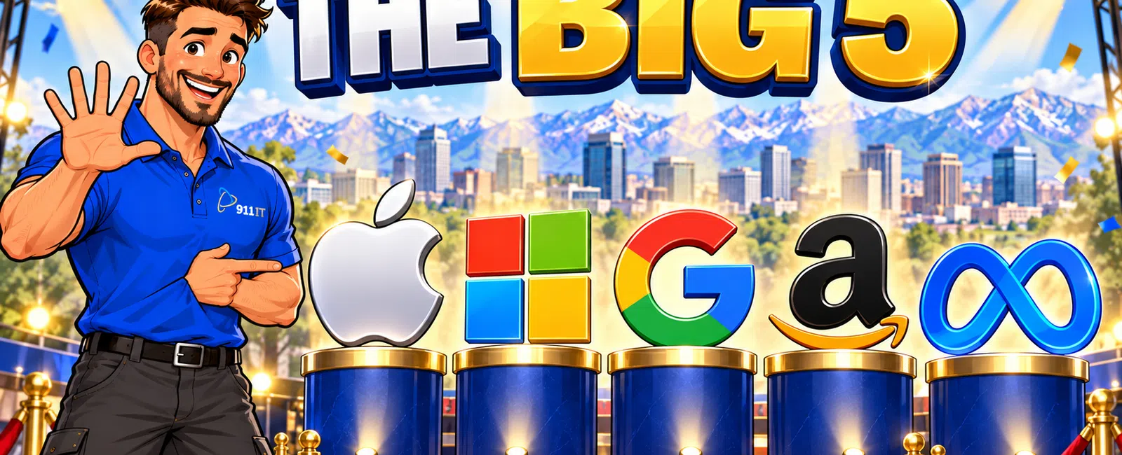 Illustration of the Big Five tech companies logos on pedestals with a man gesturing five fingers on a red carpet.