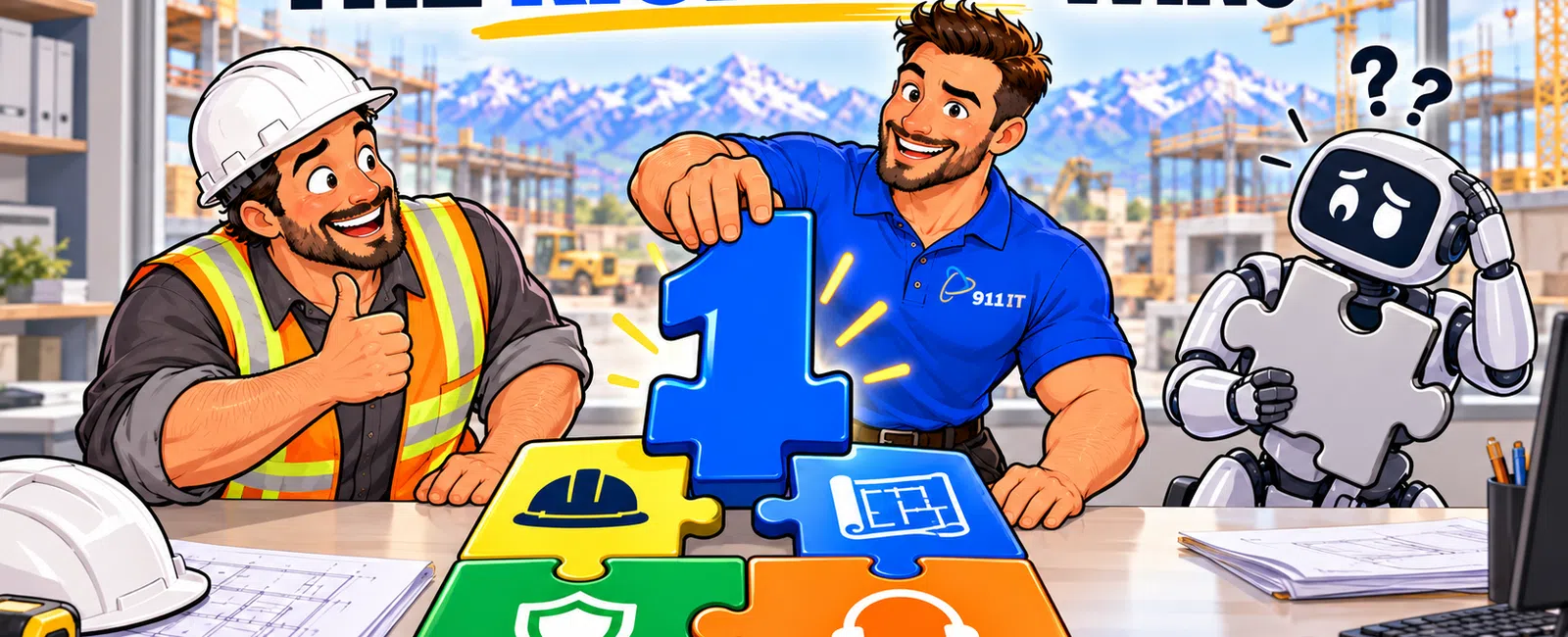 Construction worker and IT professional fit puzzle pieces together while robot looks confused at office with mountain view.