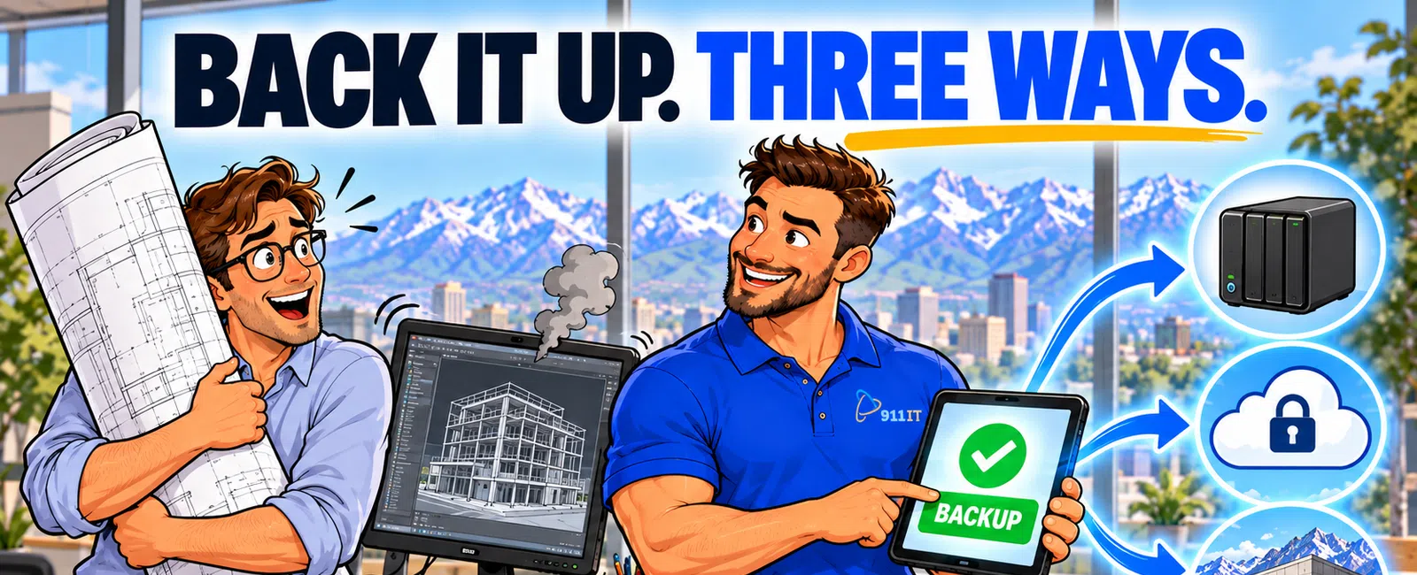 Two men in an office showing backup methods with computer, tablet, cloud, and storage icons under text Back It Up Three Ways.