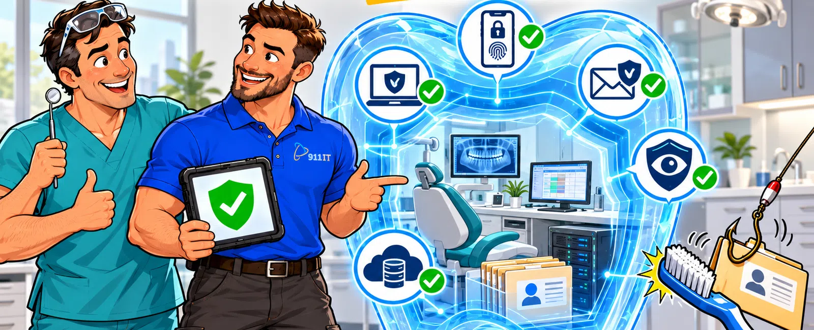 Two professionals showcasing secure digital dental records beyond passwords with icons for encryption and biometrics.