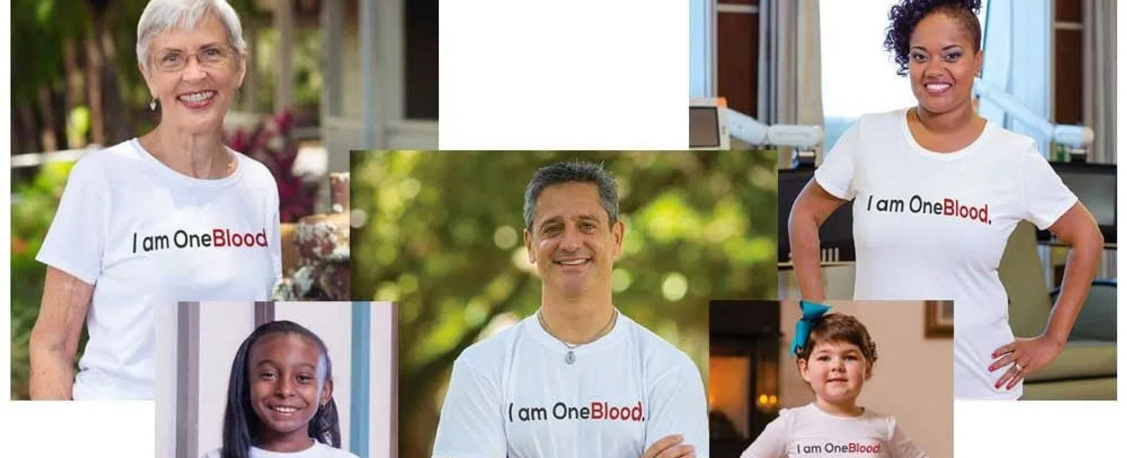 Diverse group of people wearing white I am OneBlood shirts smiling and posing in different settings.