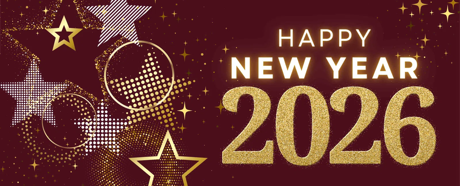 Happy New Year 2026 greeting with gold glitter numbers and stars on a dark red background.