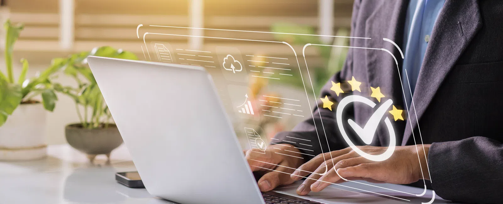 Businessman working on laptop with digital quality approval checkmark and five-star rating graphic overlay.