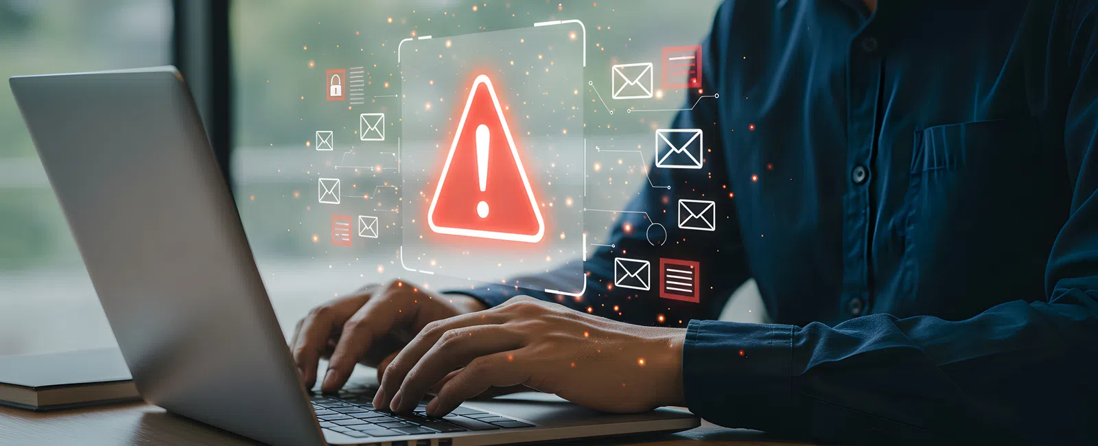 Person using laptop with digital warning icons and email security threat alerts floating above keyboard.