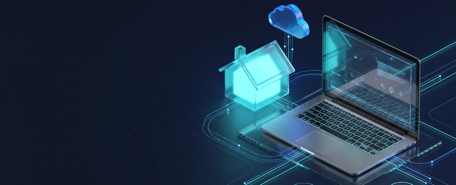 3D laptop connected to a smart home icon and cloud symbolizing home automation and cloud computing