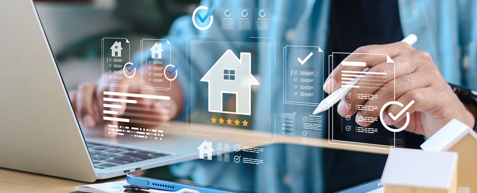 Person using digital tablet and laptop with virtual house icons and checklists for real estate evaluation.