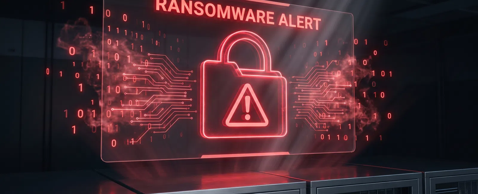 Red holographic ransomware alert with locked padlock and digital circuit overlay in data center environment.