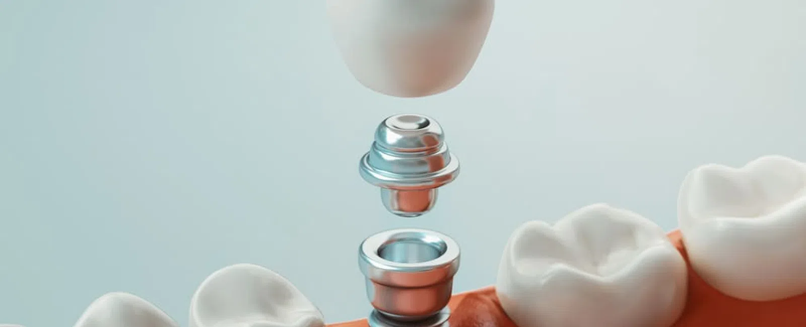 3D illustration of a dental implant being placed between natural teeth in the jawbone.