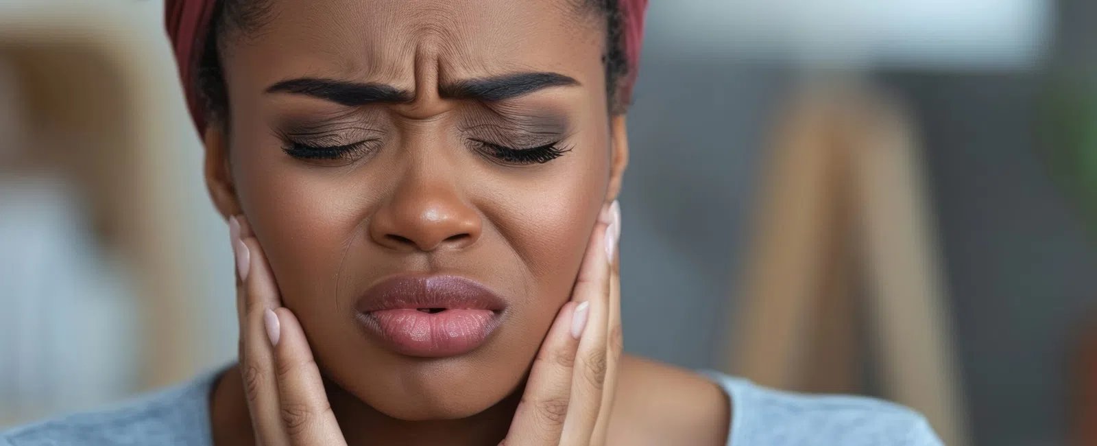 Woman with headband holding jaw in pain, showing discomfort and toothache indoors.