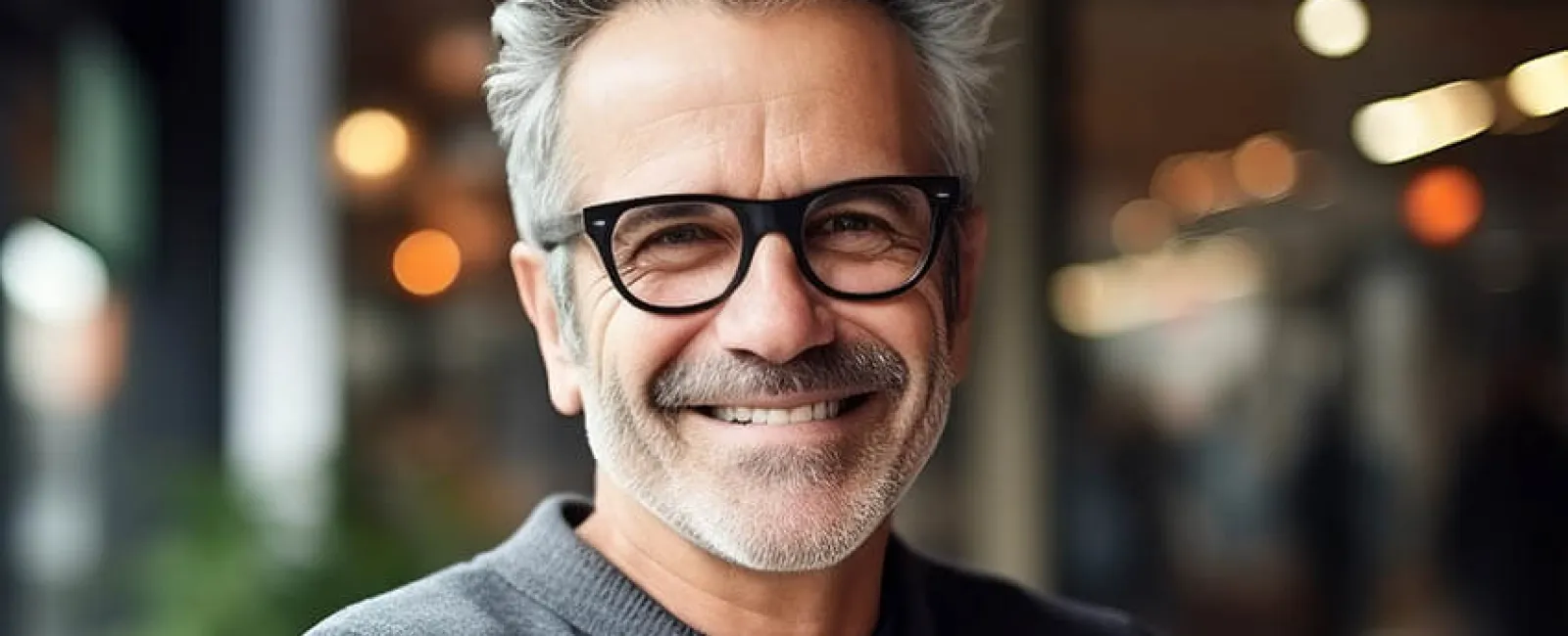 Smiling mature man with gray hair and glasses standing with arms crossed indoors in casual sweater.