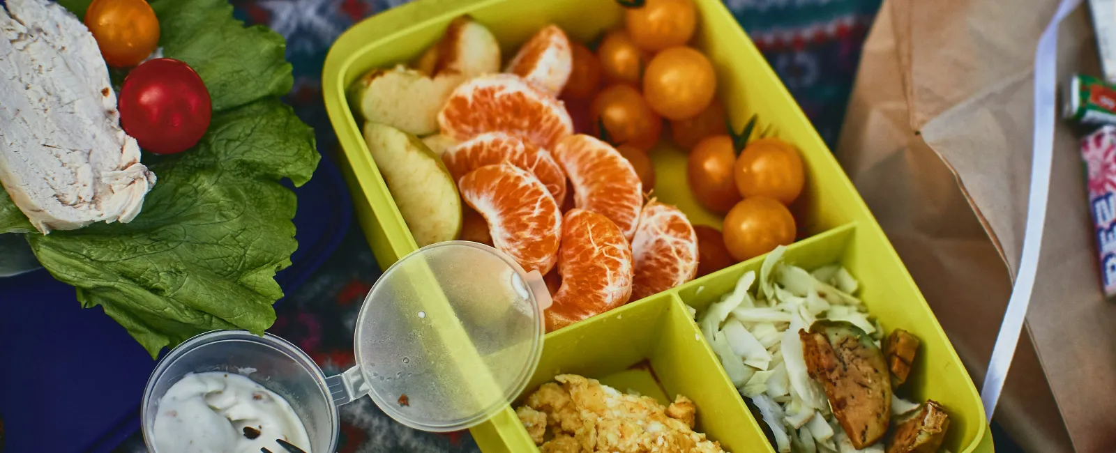 Yellow lunchbox with tangerine slices, cherry tomatoes, scrambled eggs, and vegetables on a picnic blanket.