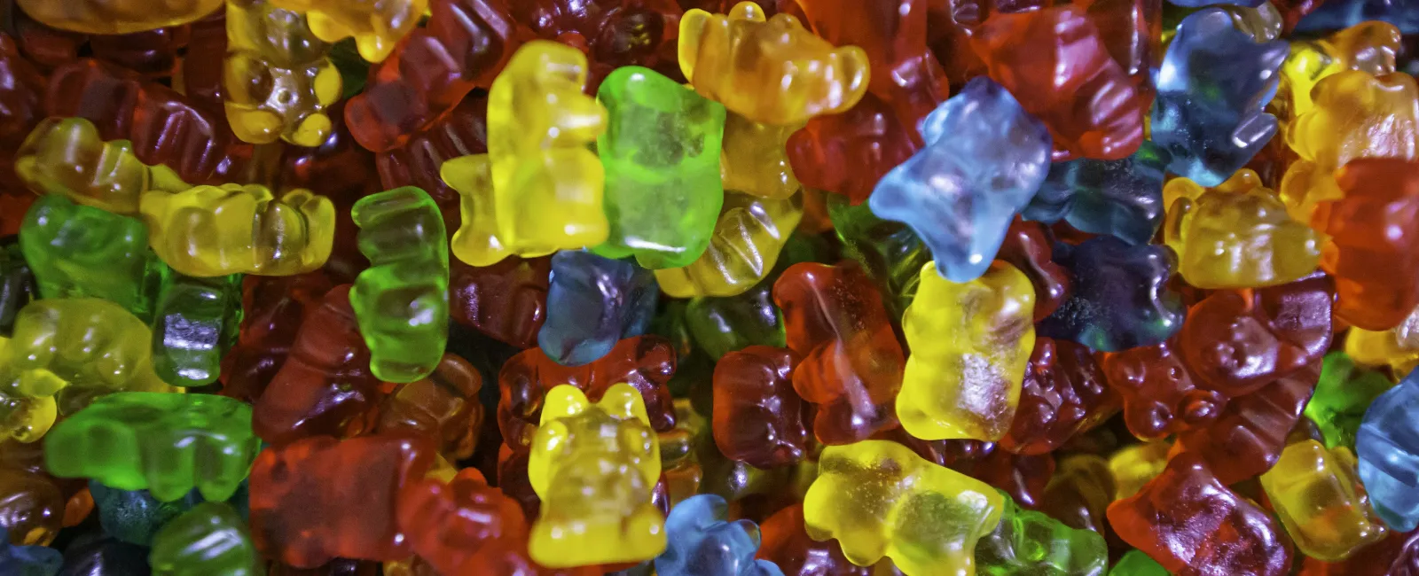 Colorful gummy bears in various shapes and colors, creating a vibrant and cheerful display.