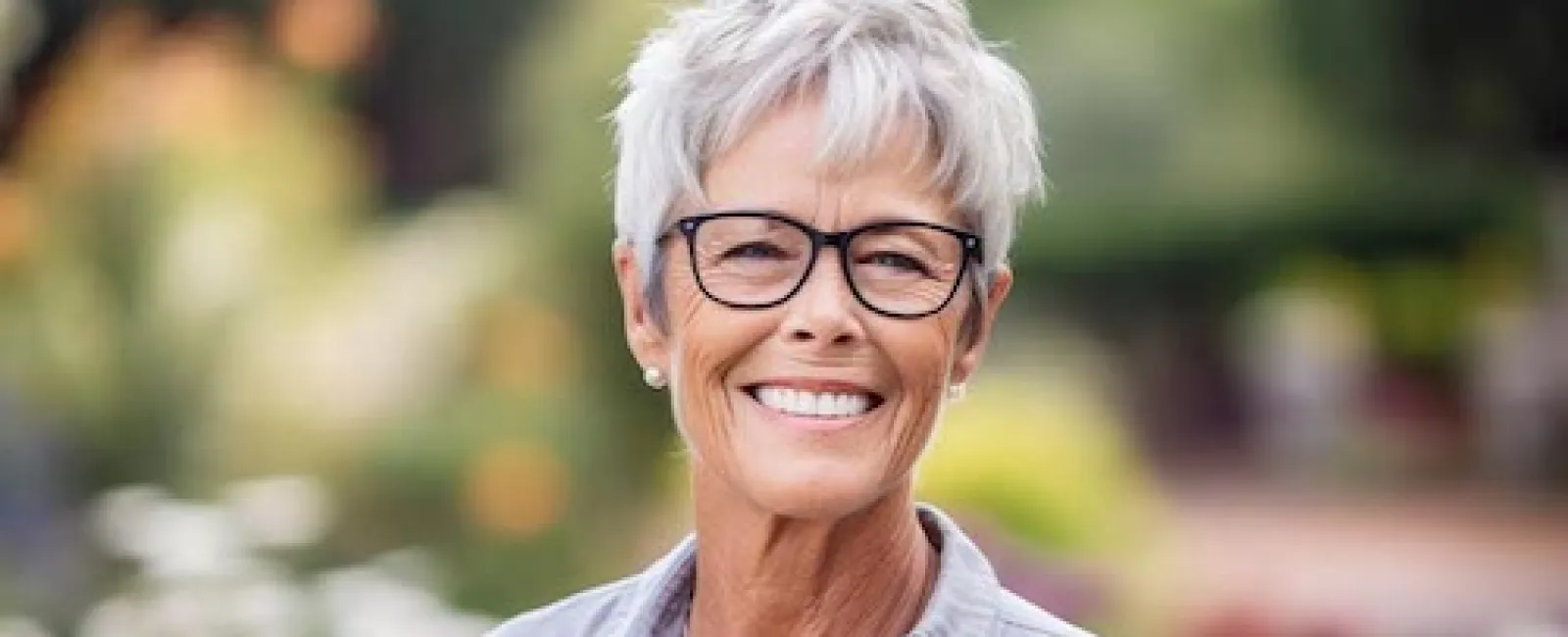 Smiling mature woman with short white hair and glasses outdoors with blurred garden background.