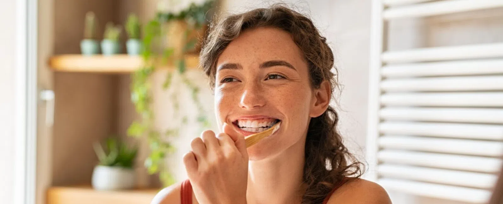 Smiling woman in red tank top brushing her teeth with a bamboo toothbrush in a bright bathroom.