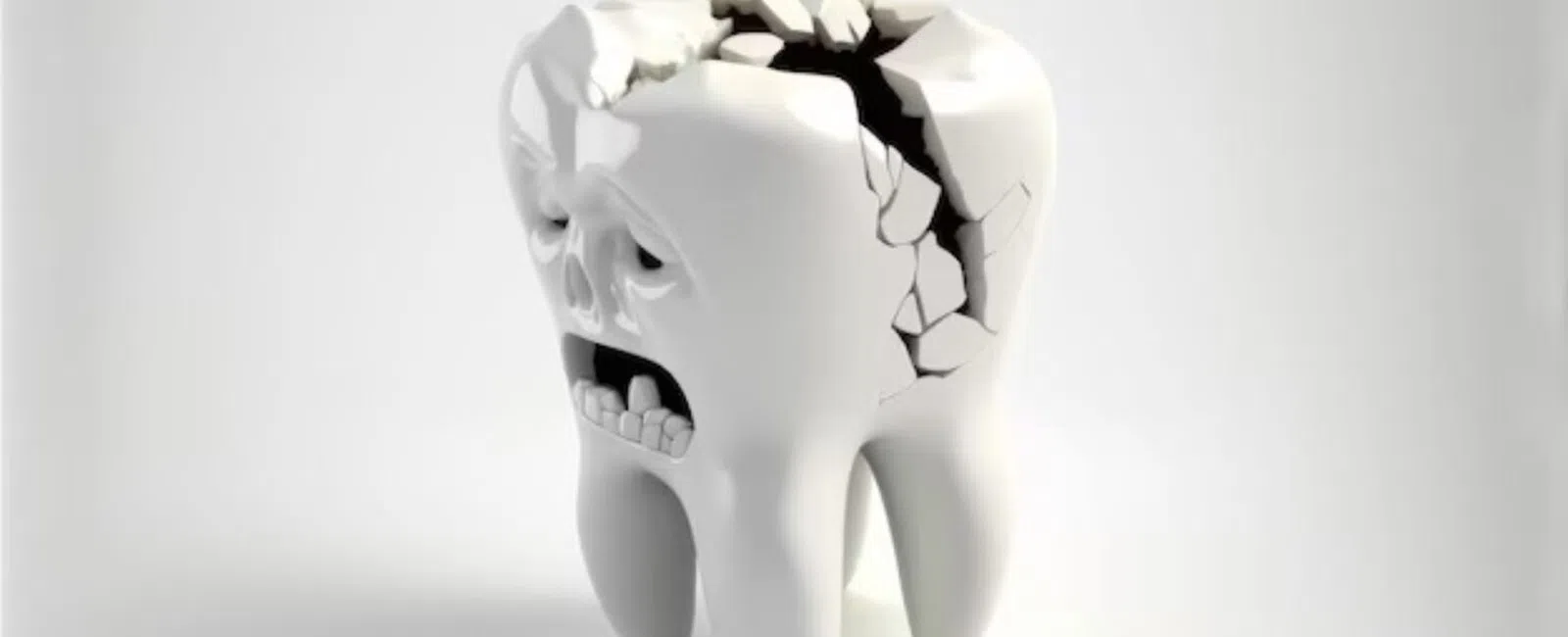 3D cracked tooth with a distressed skull face expressing pain and damage on a plain white background