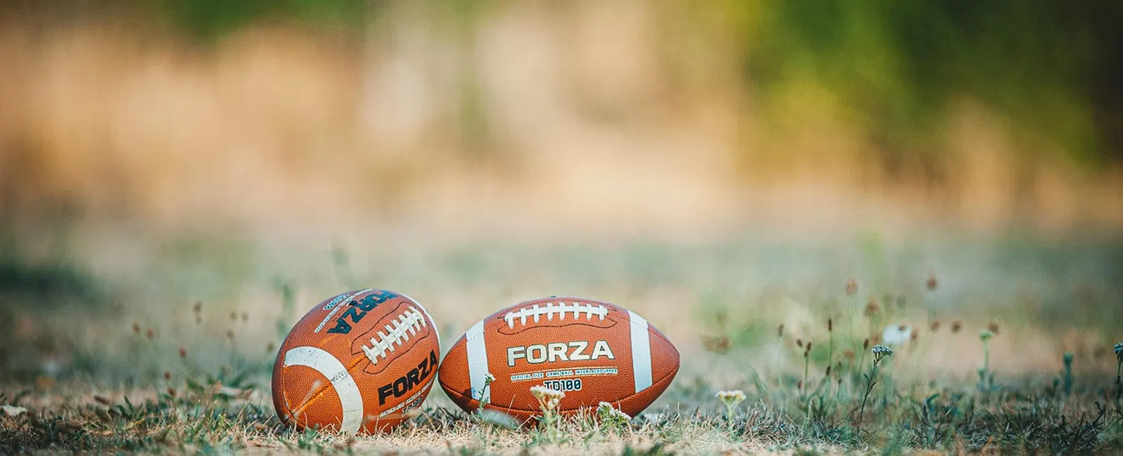 Two brown FORZA American footballs resting on dry grass with a blurred green background in daylight.