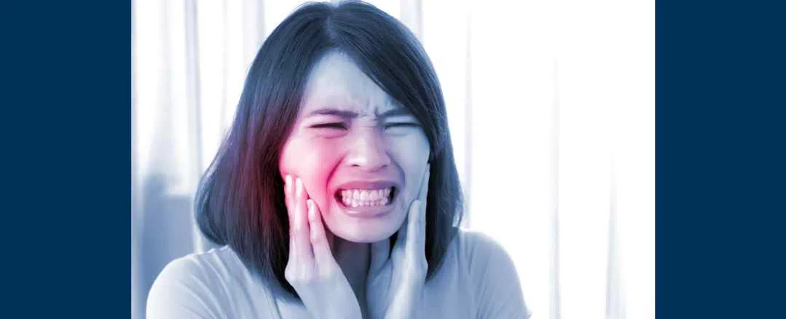Woman showing discomfort and holding jaw highlighting tooth sensitivity to cold drinks in patient education graphic.