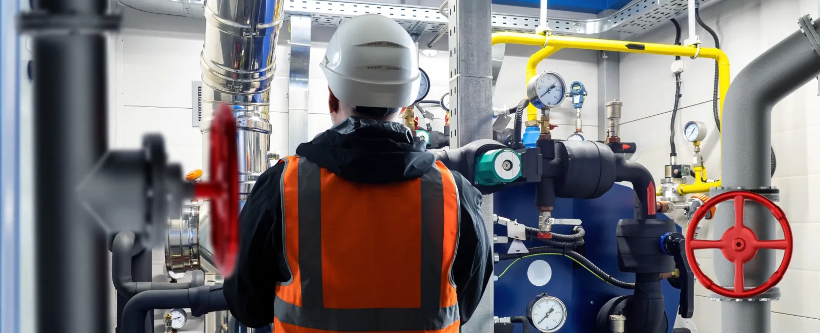 Engineer in safety vest and helmet inspecting industrial piping system with valves and gauges in mechanical room.