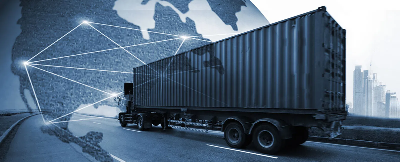 Large freight truck with container driving on road and global network connections overlay representing international shipping.