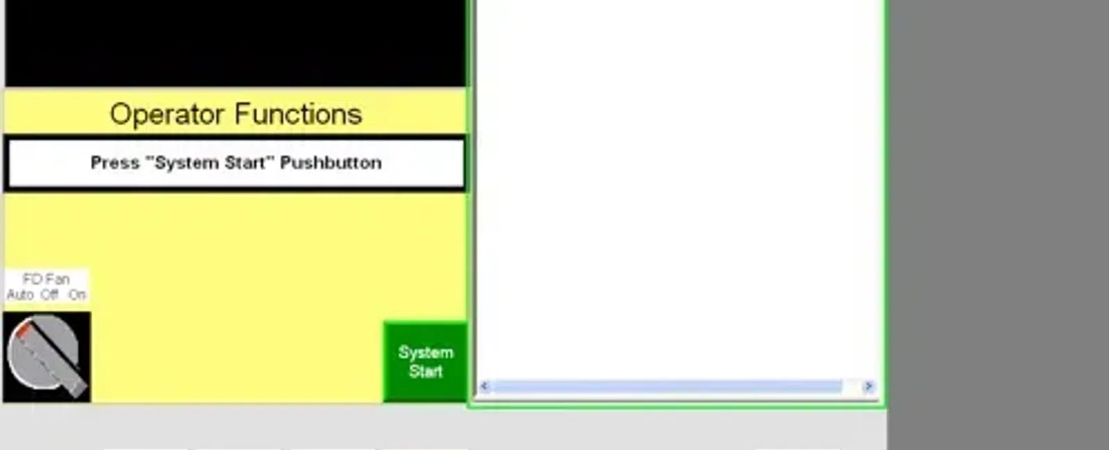 Industrial burner status screen showing operator functions, system start button, and alarm notifications.