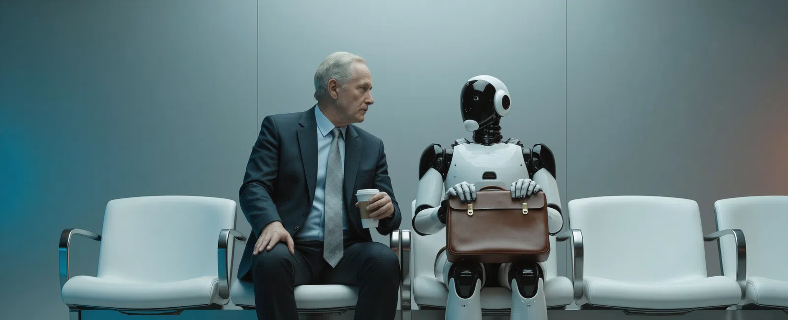 Businessman and humanoid robot sitting side by side in a modern waiting room holding coffee and briefcase.