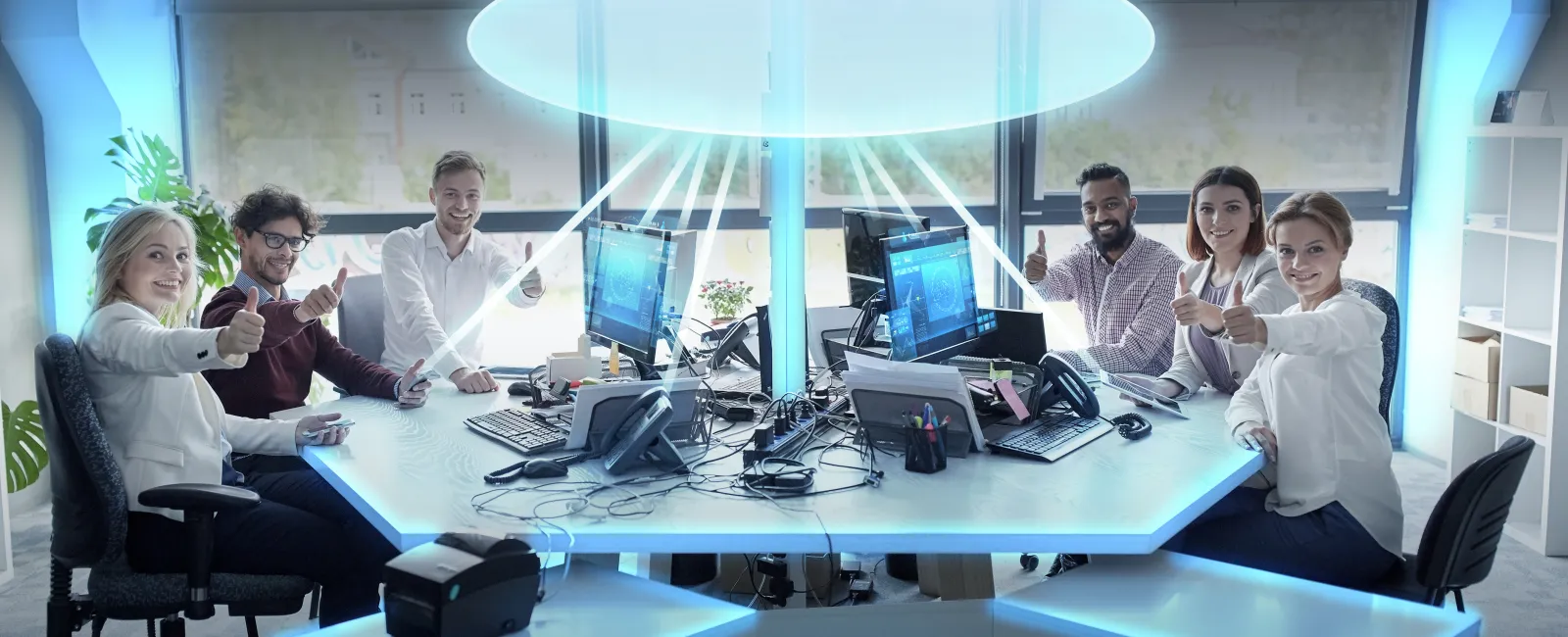 Team of six professionals sitting around a glowing table with cloud computing graphics, thumbs up gesture.